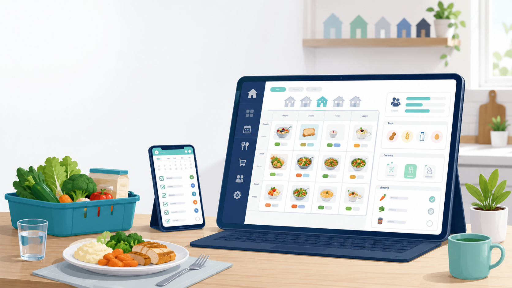 MenuLogic menu planning software shown on a laptop and phone in a kitchen setting