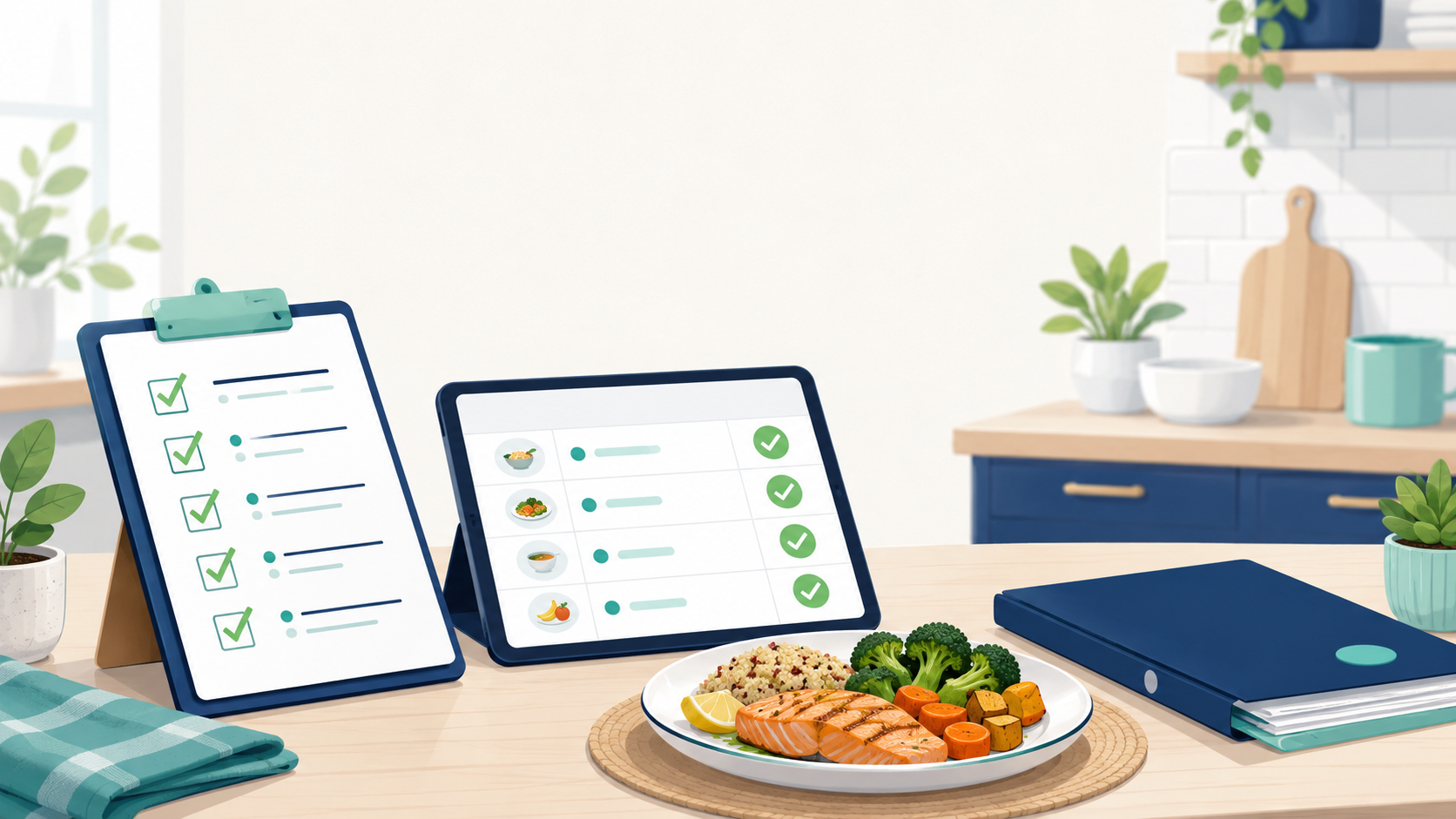 Mealtime management audit evidence: checklist, digital menu records on a tablet, and a plated meal in a supported accommodation kitchen